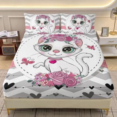 Imagem de AILONEN Jogo de lençol kawaii Queen com desenho de gato branco, listras cinza e branco, 3 peças, lençol com elástico floral rosa e 2 fronhas