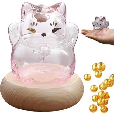 Imagem de Frasco de armazenamento de vidro Lucky Cat – pequeno recipiente de feijão dourado, garrafa transparente para economizar desafio, exibição decorativa com base de madeira, mini presente criativo para