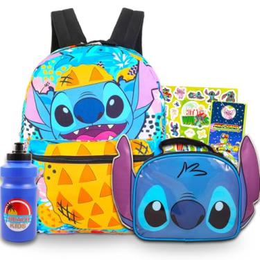 Imagem de Mochila e lancheira Disney Lilo e Stitch – Conjunto de 4 peças com bolsa escolar de ponto de 40,6 cm, lancheira de ponto e mais para meninos e meninas | Conjunto de materiais escolares de costura