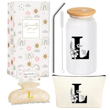 Imagem de 4MELLY Copo de vidro com inicial monograma, presentes personalizados para mulheres, copos de vidro de 473 ml, canudos, aniversário, Natal, Dia das Mães, presente para ela