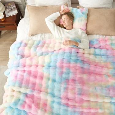 Imagem de Cozy Bliss Cobertor de pele sintética para sofá, cobertor de pelúcia com bolhas, tamanho king, cobertor macio e grosso para cama, sofá, sala de estar, 262 x 234 cm, tie-dye arco-íris