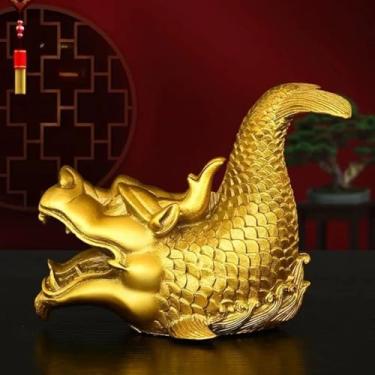 Imagem de FENNYYAR Ornamento de peixe dragão de latão, 11 cm, decoração de mascote de cabeça de dragão para sala de estar em casa