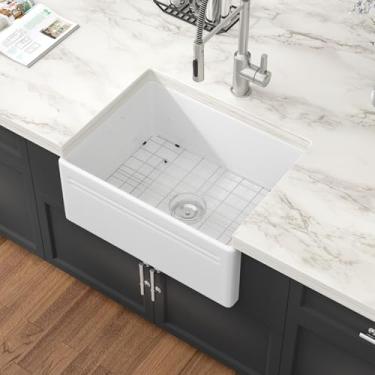 Imagem de Pia de fazenda branca de 61 cm, avental reversível frontal, pias de fazenda, resistente, grande, cerâmica, tigela única, pias de casa de fazenda, 61 x 45 x 25 cm