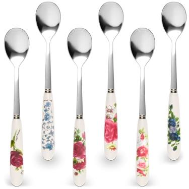 Imagem de 6 peças padrão de flores chinesas – colher de café – colheres pequenas de aço inoxidável – colheres de chá para colher de sobremesa – colher de sorvete – colher de bolo mexer sopa – alça floral colher de chá utensílios para cozinha
