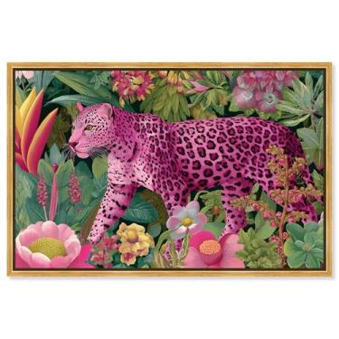 Imagem de Decoração de parede floral com estampa de leopardo rosa por Art Remedy, moldura dourada, 61 x 40 cm