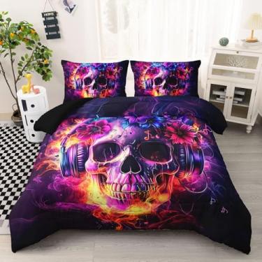 Imagem de AILONEN Conjunto de edredom Queen com caveira de açúcar, estampa floral, roxo, esfumaçado, para crianças, meninos, esqueleto preto, com 2 fronhas, 3 peças