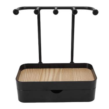 Imagem de ASHATA Organizador de Joias, Suporte de Exibição de Pulseira de Colar Com Bandeja de Madeira e 5 Ganchos, Gaveta Removível para Brincos, Anéis, Relógios, Resistente a Arranhões à Prova (Preto)