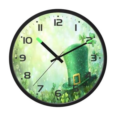 Imagem de SEHANY Relógio de parede Green Clover, silencioso, sem tique-taque, relógio redondo operado por bateria, controle de som, luz noturna, relógios de parede para sala de estar, cozinha, quarto