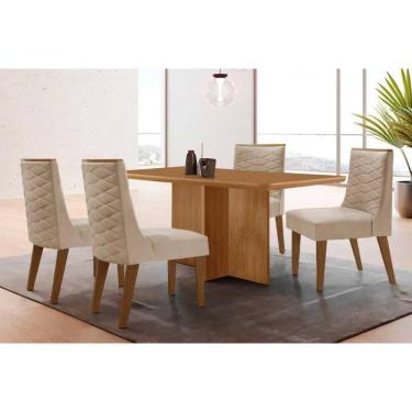 Imagem de Sala Jantar Mesa Berlim Tampo Curvo 120cm+4 Cadeiras Dafne Madeira Naturale - Capuccino/Suede Creme - Rufato