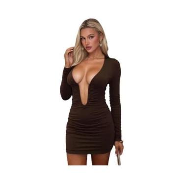 Imagem de Vestido Mini Sexy Feminino Com Decote Em V Profundo E Mangas Longas, C