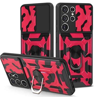 Imagem de FULNES Proteção de telefone à prova de choque de camuflagem de luxo masculina para iPhone 12 11 Pro Max PC capa de telefone com suporte de anel de janela de pressão (Cor: vermelho, Tamanho: para iPhone 12)