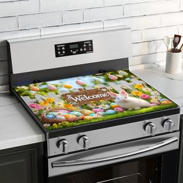 Imagem de BVBOX Capa superior de fogão de Páscoa para fogão elétrico 71 cm x 50 cm almofadas de cobertura superior de fogão de vidro lavável decorativo tapete protetor de fogão para bancadas de cozinha
