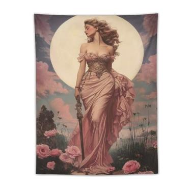 Imagem de Blush Gown Celestial Tapeçaria Elegante Poised Lady By Glowing Full Moon With Delicate Pink Blossoms For Dorm Bedroom Apartment Cozy Chic Elegante Decoração de Parede Tapeçaria 76 cm x 101 cm