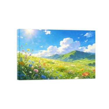 Imagem de Impressão em tela de paisagem de arte de parede - flores de primavera nuvens - pintura de decoração - imagens para sala de estar pronta para pendurar tela embrulhada 40 x 60 cm 16 x 24 pol