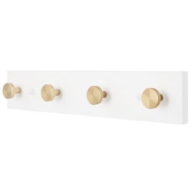 Imagem de HASWARE Ganchos de parede de 40,6 cm, cabideiro de madeira com 4 ganchos de parede de alumínio, para cabide de toalha de chapéu, bolsa para chaves (prato branco e gancho dourado)