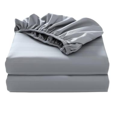 Imagem de Pacote com 2 lençol Queen de algodão puro, 600 fios, 40,6 cm, bolso profundo de algodão egípcio (2 peças, Queen, cinza listrado)