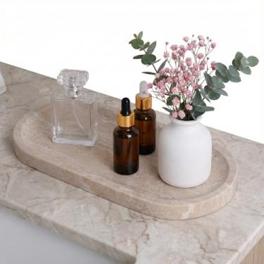 Imagem de CasaCouture Bandeja de pia de banheiro de mármore travertino - Organizador de joias e bandeja de perfume de 25 x 12 cm - Bandeja de balcão durável para banheiro - Organizador de balcão para decoração