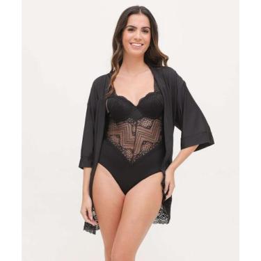 Imagem de Robe Feminino Recorte Renda Manga 3/4-61116 - AMBIENTE INTIMO, Preto, 