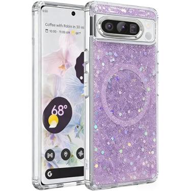 Imagem de Capa magnética com glitter para Google Pixel 8 Pro feminina, [compatível com MagSafe] Capa de telefone luxuosa e moderna fofa brilhante brilhante para Pixel 8 Pro (6,7 polegadas), roxa