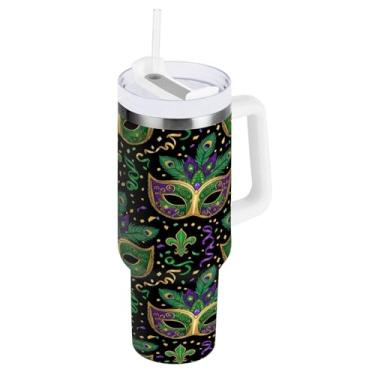 Imagem de Blueangle Copo isolado de máscara de carnaval de 850 g com alça e tampa de palha, caneca de viagem reutilizável de aço inoxidável (702)