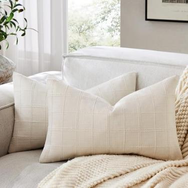 Imagem de ZeeMart Conjunto de 2 capas de almofada lombar xadrez de linho, 30 x 50 cm em toda a grade marfim, grade dupla face decorativa de fazenda bordada, capas de almofada de linho de algodão branco