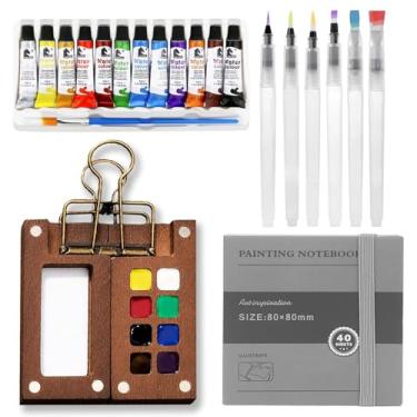 Imagem de Mini conjunto de tinta de paleta de aquarela, conjunto de viagem aquarela de bolso, caixa de tinta de grade de madeira com clipe, pincel de esboço em aquarela de 12 cores para artista