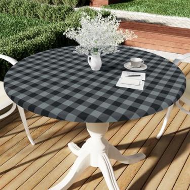 Imagem de Smiry Toalha de mesa redonda de piquenique, toalhas de mesa elásticas à prova d'água de vinil para mesas de 144 a 172 cm, capa de mesa xadrez de búfalo com forro de flanela para jantar, acampamento