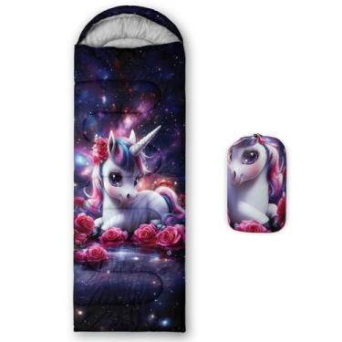Imagem de AILONEN Saco de dormir Dreamy Rose Unicorn para meninos e meninas, 3 estações, clima quente e frio, leve, impermeável, galáxia, céu estrelado, floral, unicórnio, viagem, ar livre