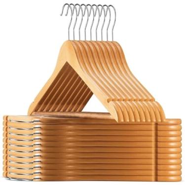 Imagem de Cabides de Madeira Natural com Gancho Giratório 360°, Acabamento Premium, 44x23cm, Kit com 6 Unidades, para Ternos, Vestidos, Camisas e Calças