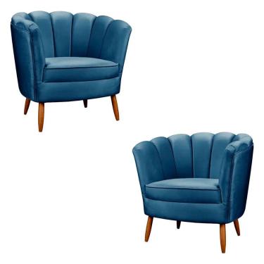 Imagem de Kit 2 Poltronas Decorativa Ariel Petala Com Pés De Madeira Star Confort Azul