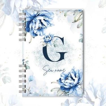 Imagem de Caderno A5 floral azul capa dura personalizado com inicial e nome, caderneta para anotações, caderno de anotações pautado ou sem pauta para estudo, organização e uso diário (G)