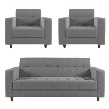 Imagem de Sofá 2 Lugares E 2 Poltronas Pé Madeira Tabaco Arezo Linho Grafite D01 - D'rossi