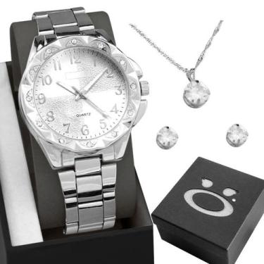 Imagem de Relógio Feminino Analógico Aço Inoxidável + Colar + Brincos - Orizom