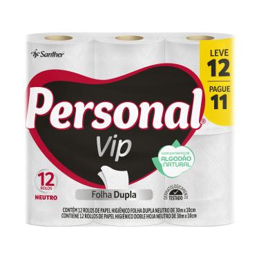 Imagem de PAPEL HIGIENICO PERSONAL VIP FOLHA DUPLA 30M 12 ROLOS NEUTRO SANTHER