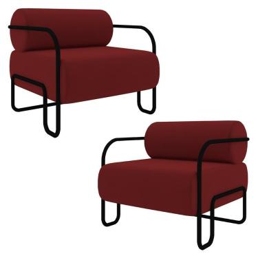 Imagem de Poltrona Decorativa Para Sala Industrial Kit 2 Kira K04 Veludo Vermelho - Mpozenato