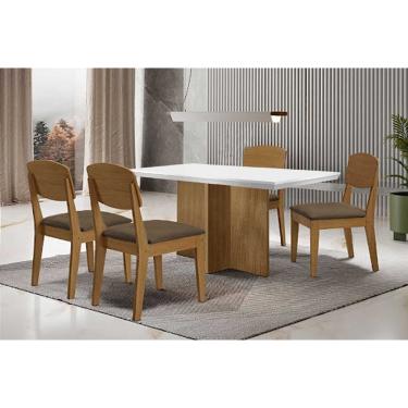 Imagem de Conjunto: Mesa Sala Jantar Berlim Curvo 120cm + 4 Cadeiras Havana Naturale/Off White - Suede Marrom - Rufato