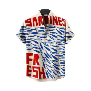 Imagem de Camisa Masculina Estilo Retrô Em Linho Respirável Com Estampa De Peixe