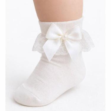 Imagem de Par de Meias Infantil Bebê RN Branca Renda Laço Pérola Cano Médio Soci