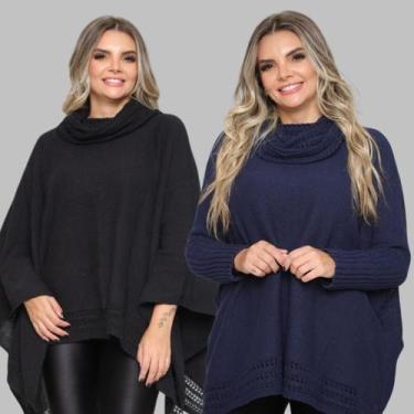 Imagem de Kit 2 Poncho Feminino Tricot Mousse Liso Gola Alta Casaco Lã - Rosilen