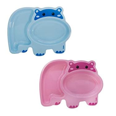 Imagem de Kit 2 Pratos Infantil Introdução Alimentar Com Divisórias Divertido Para Bebe E Criança Plástico Buba (Hipopótamo Azul)