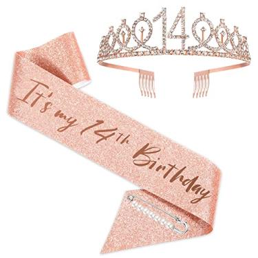 Imagem de Faixa de aniversário de 14 anos e tiara para meninas, coroa de faixa de aniversário de ouro rosa 14 e faixa e tiara fabulosas, presentes de aniversário de 14 anos para lembrancinhas de festa de aniversário de 14 anos