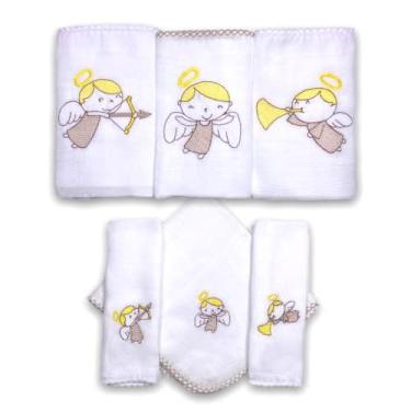 Imagem de Kit 6 Fraldas De Pano Bordadas (3 De Ombro + 3 De Boca) Anjo Branco