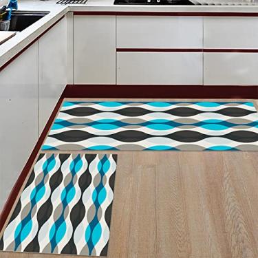 Imagem de Tapete de corredor de cozinha, faixa de ondas cinza Aqua preto padrão geométrico antiderrapante tapete de porta tapete tapete para lavanderia quarto banheiro conjunto de 2