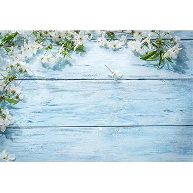 Imagem de MEHOFOTO Cenários de fotografia de madeira azul claro com flores brancas para festa de estúdio fotográfico 2,1 x 1,5 m