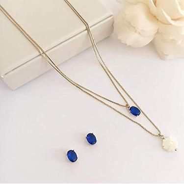 Imagem de Conjunto com colar duplo e brinco de cristal azul safira