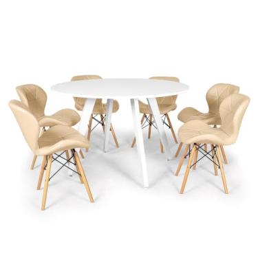 Imagem de Conjunto Mesa de Jantar Redonda Amanda Branca 120cm com 6 Cadeiras Eiffel Slim - Nude