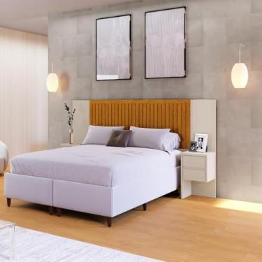 Imagem de Cabeceira Extensível Florida com Painel Ripado 2 Mesas de Cabeceira com 2 Gavetas Off White/Naturale