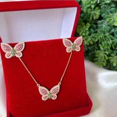 Imagem de Conjunto Colar +brinco Borboleta Em Banho De Ouro 18k
