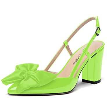 Imagem de WAYDERNS Vestido feminino nupcial fivela bico fino laço patente Slingback tornozelo tira bloco sólido salto alto grosso salto alto sapatos 9,5 cm, Verde limão, 9.5