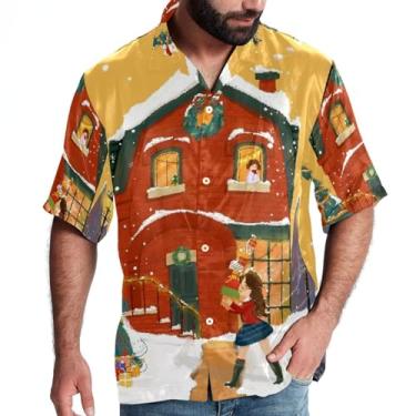 Imagem de Camisa de praia masculina casual de manga curta com botão vermelha Christmas Element, P, Multicolorido 10, G
